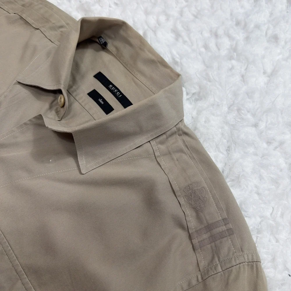 GUCCI Mens Shirt 39 15.5 Beige Long Sleeve Button Made in Italy Logo Safari Rare